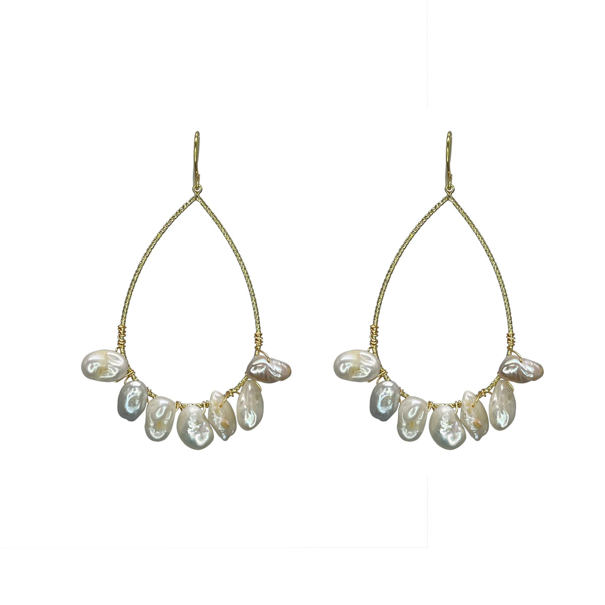 Earrings - Gold and Pearl Tear Drop Hoop