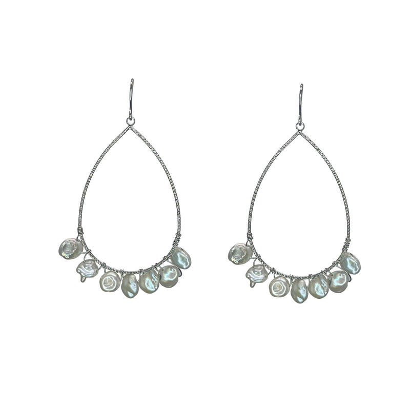 Earrings - Silver and Pearl Tear Drop Hoop