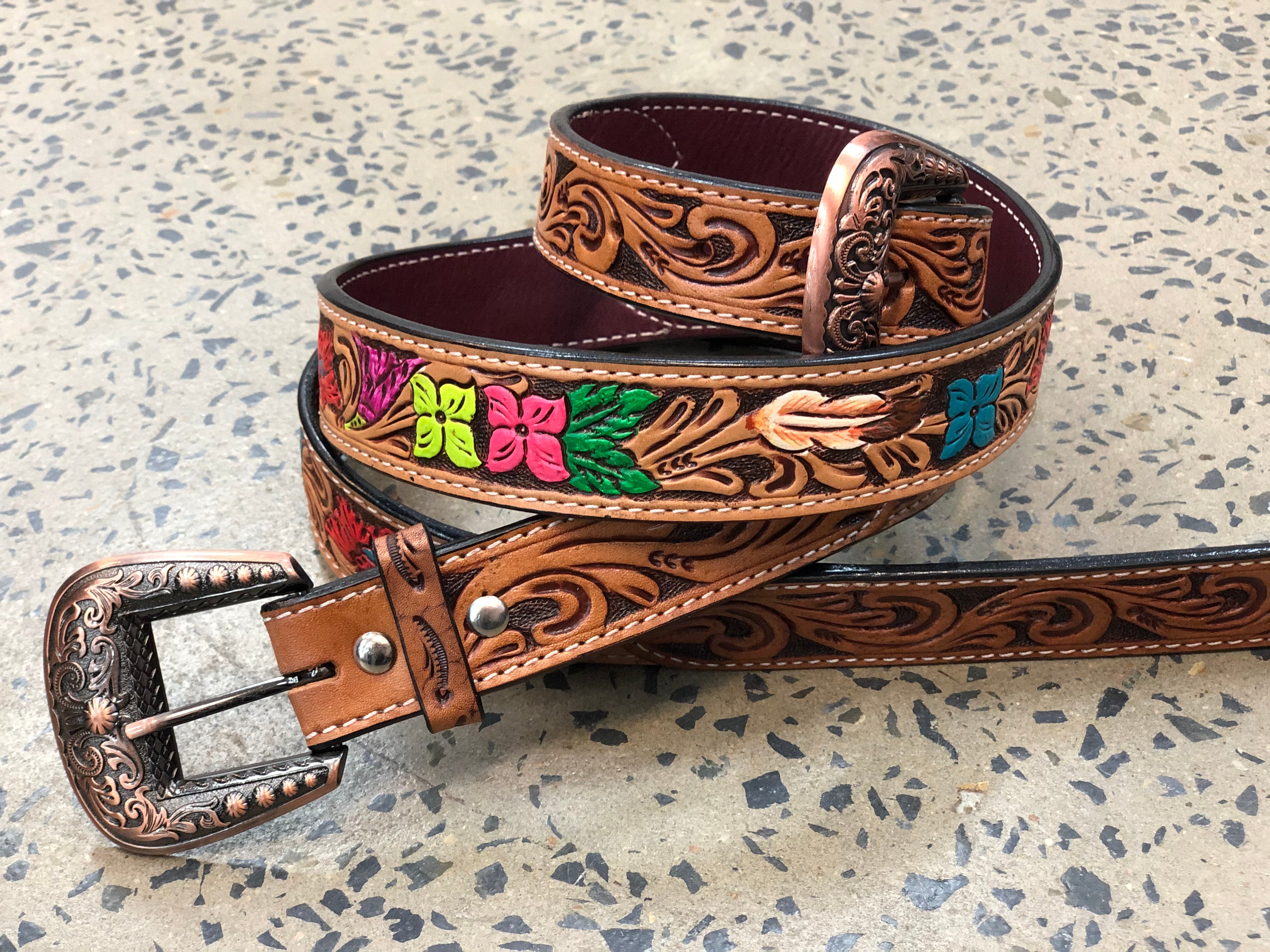 Handpainted solid leather western-style belt, one and a half inch hot wide