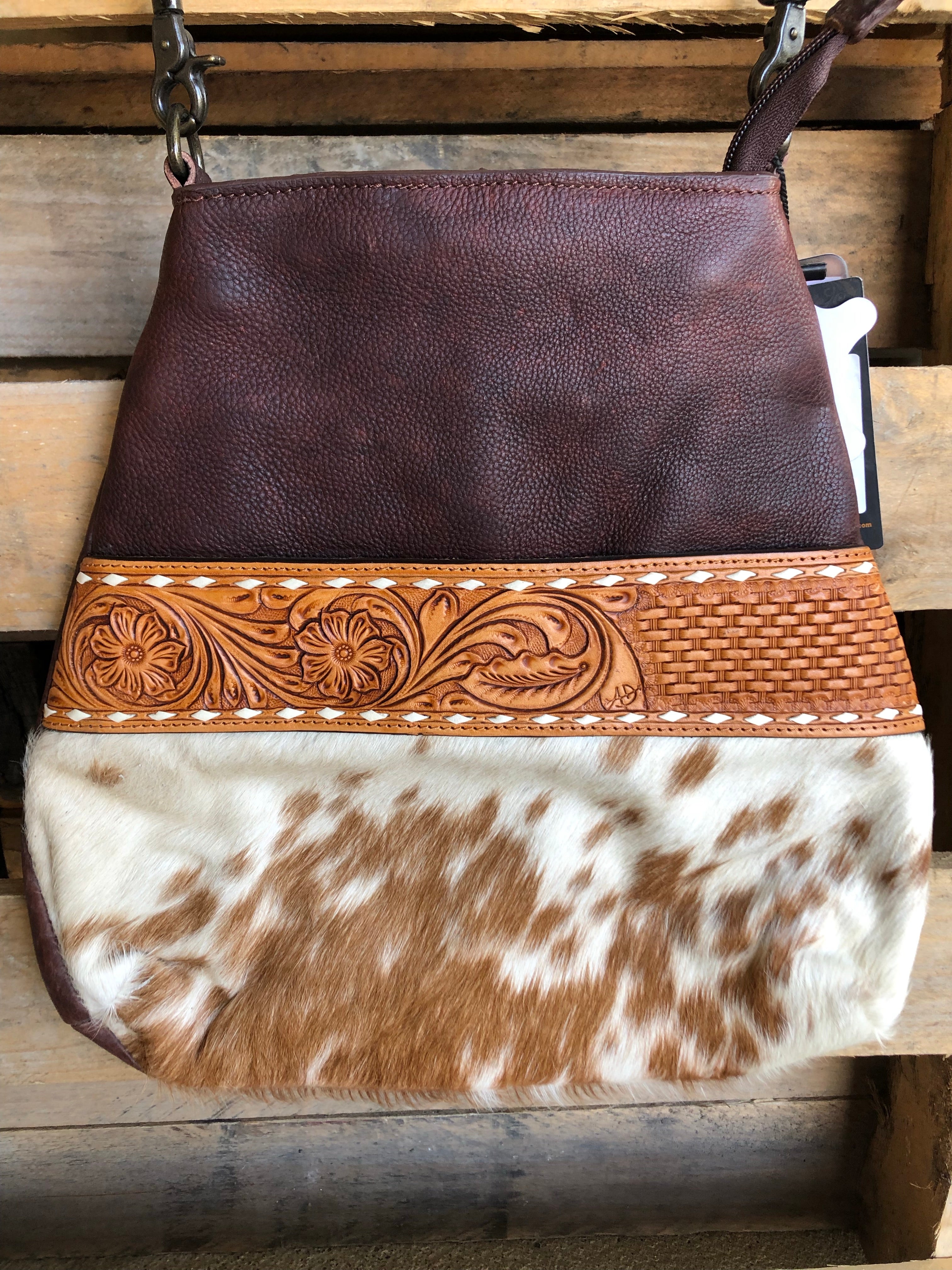 Light Brown and White Cowhide Tooled Leather Purse | BrandedColt Boutique